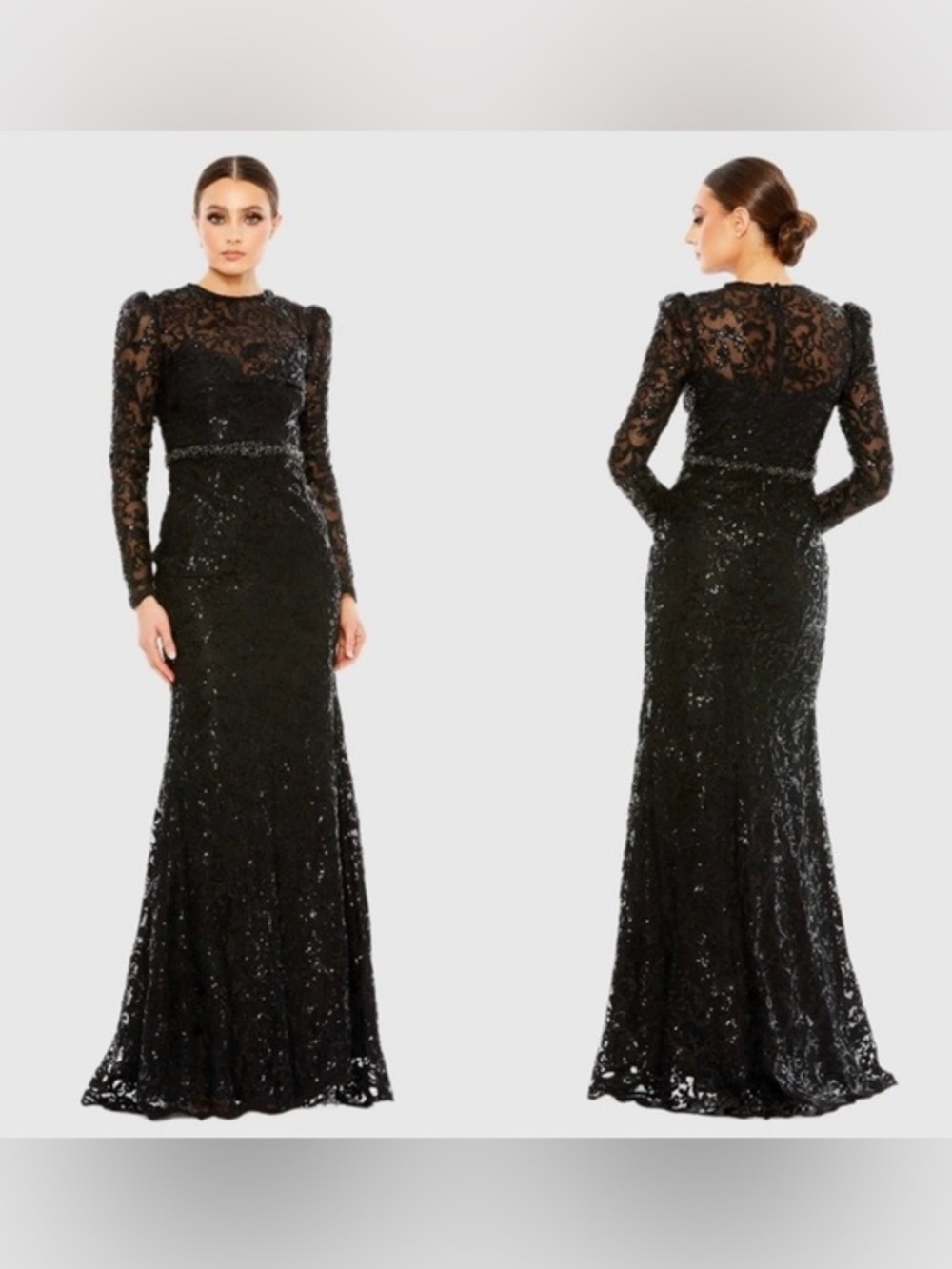 Mac Duggal Black Long Sleeve Lace Sequin Gown